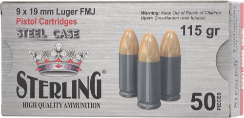 STERLING STEEL CASE 9MM 115 GR - FMJ 50 RD BOX 30 BOXES/CASE