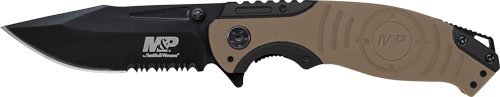 S&W KNIFE M&P INDEX FLIPPER - 3.5" BLACK/DESERT TAN CLIP PT